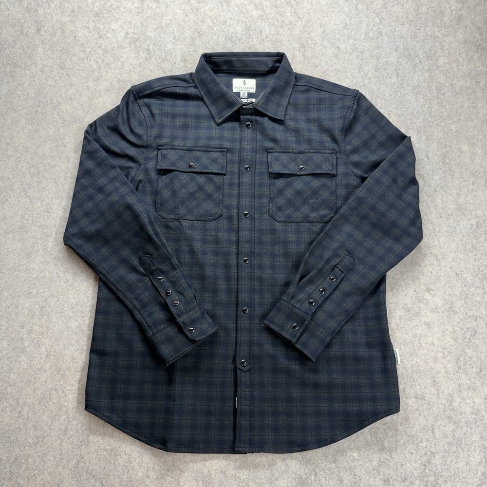 NWT Scott James Heavyweight Pearl Snap Navy Black Plaid Jacket Men's Med Leather